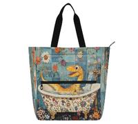 Dinosauro Vintage Vasca da Bagno Bambini Libro Tote per Ragazzi Ragazze Donne Borsa Tote Resistente Impermeabile Borsa della spesa Riutilizzabile con Cerniera per Scuola Shopping Drogheria Arcobaleno