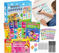 DINSUMRUG Libri di pratica di scrittura scanalati magici per bambini 3-8 | 8 quaderni di lavoro riutilizzabili per la scuola materna, 5 penne a inchiostro che scompaiono, 3 impugnature in silicone