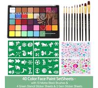 Dioche Set Professionale di Tavolozze di Pittura per il Viso Ad Acquerello da 40 Colori - Kit di Pittura per il Corpo Sicuro e Non Tossico con 10 Pennelli, 4 Stencil e 2 Adesivi con Gemme per Tutte