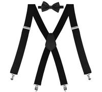 Diompirux Bretelle Uomo Larghe Vintage con molto forte 4 clip e papillon nero abbinato, Bretelle per Uomo a Forma di X, 3,5 cm di larghezza fino a 110 cm di altezza, Elastici Registrabili, per costume