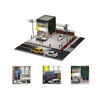 Diorama da costruzione per negozi di tofu in scala 1/64, modello giapponese di architettura stradale con illuminazione e area parcheggio, compatibile con mini display da collezione di auto, ideale per