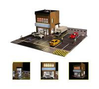 Diorama in scala 1/64, stile industriale a due piani, con illuminazione multi-zona e area parcheggio dettagliata, compatibile con mini display per auto per costruttori di scene
