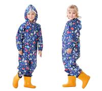 Dioshark Impermeabile Ragazzi Blu Navy Giacche Pantaloni Impermeabile Antipioggia Portatile Mantella con Cappuccio e Reflex Outdoor Tuta da Pioggia Lungo Viaggio Poncho per Bambino 4-6 Anni, Pianeta