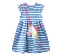 Dioshark Ragazza Vestito Bambina Blu Bianco Strisce Vestito Maniche Corte Ragazze Abito Cotone con Unicorno e Floreale Applique Ricamo Modello Casual Estate T-Shirt Magliette Abiti per Bimba 2-3 Anni
