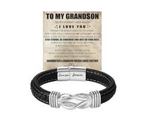 DIOWUS Braccialetto con scritta in lingua inglese "To My Son/Grandson From Mom Grandmother", con nodo infinito, in pelle intrecciata nera per sempre, braccialetto motivazionale con incisione "Love You