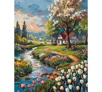 Dipingere con i Numeri Adulti,Casa dei Tulipani del Sentiero Kit di Pittura su Tela Fai-da-Te per Principianti,40x50cm con 3 Pennelli e Colori aAcrilici Paint by Numbers per Casa Decora con cornice