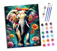 Dipingere con i numeri, adulti, principianti, tela senza pieghe, elefante decorato con fiori, pennelli e vernice acrilica, kit fai da te, dipinto a mano, olio come regalo, 40 x 50 cm