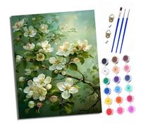Dipingere con i numeri, adulti, principianti, tela senza pieghe, fiori bianchi su rami e vernice acrilica, kit fai da te, dipinto a mano, olio come regalo, 40 x 50 cm