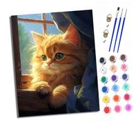 Dipingere con i numeri, adulti, principianti, tela senza pieghe, primo piano di un gatto arancione sulla finestra, pennelli e vernice acrilica, kit fai da te, dipinto a mano, olio come regalo, 40 x 50