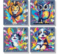 Dipingere con i numeri, numero per adulti, 4 pezzi, animali con cornice, pittura fai da te con pennello, dipinto a mano