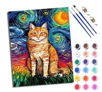 Dipingere con i numeri, per adulti, pittura con numeri, con pennelli e colori acrilici, arancione, gatto sotto il cielo stellato, dipinta a mano, pittura ad olio, tela per decorazione della casa