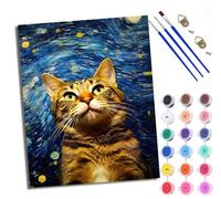 Dipingere con i numeri, per adulti, pittura con numeri, con pennelli e colori acrilici, gatto sotto il cielo stellato, dipinto a mano, pittura ad olio, tela per decorazione della casa, senza cornice