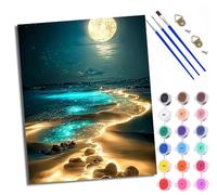 Dipingere con i numeri, per adulti, pittura con numeri, con pennelli e colori acrilici, Moonlight Beach Seaside, per il tempo libero, dipinta a mano, pittura ad olio, tela per decorazione della casa