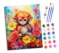 Dipingere con i numeri, per adulti, simpatica scimmia nei fiori, fai da te, dipinto a mano, kit per pittura a olio, con 3 pennelli e vernice acrilica, kit per tela antipiega, 40 x 50 cm, con cornice