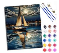 Dipingere con i numeri, set da pittura per adulti con pennelli, barca a vela in una notte chiara di luna, dipingere con i numeri su tela, pigmento acrilico, artigianato 40 x 50 cm (senza cornice)