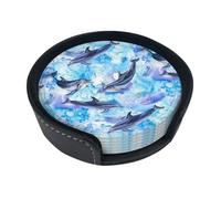 Dipingere il delfino,Set di 6 sottobicchieri rotondi, sottobicchieri in pelle PU con supporto per casa, ufficio, cucina