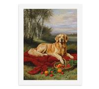 Dipingi coi numeri, un Golden Retriever sdraiato su una coperta rossa con frutta accanto ad esso, kit di pittura digitale per adulti, crea la tua scena magica forniture artistiche senza cornice, 40 x