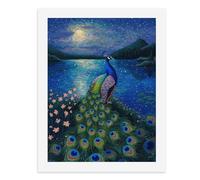 Dipingi con i numeri, il pavone colorato si trova con grazia vicino al lago sotto un cielo notturno stellato Kit per pittura digitale per adulti Crea la tua scena magica forniture artistiche senza