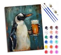 Dipingi con i numeri, per adulti e principianti, tela con pinguino che tiene un bicchiere di vino, scelta per compleanno, anniversario o qualsiasi festival, kit di pittura acrilica fai da te per la