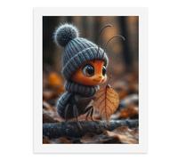 Dipingi con i numeri per adulti - Un piccolo insetto carino che indossa un cappello e una sciarpa in maglia grigia, che tiene una foglia secca tra le mani - per la decorazione della parete di casa