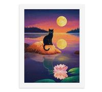 Dipingi con i numeri, un gatto nero seduto su un'isola di fronte a fiori di loto colorati, kit per pittura digitale per adulti, crea la tua scena magica forniture artistiche senza cornice, 40 x 50 cm