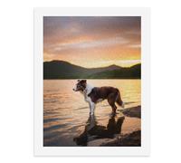 Dipingi con i numeri, un simpatico cane pastore multicolore si trova in acque poco profonde durante il tramonto, kit di pittura digitale per adulti Crea la tua scena magica forniture artistiche senza