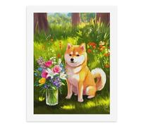 Dipingi con i numeri, un simpatico Shiba Inu seduto accanto a un vaso di fiori colorati in una foresta soleggiata Kit di pittura digitale per adulti Crea la tua scena magica forniture artistiche senza