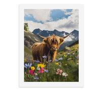 Dipingi con i numeri, una mucca delle Highland si trova tra fiori di campo colorati in un paesaggio montano Kit per pittura digitale per adulti Crea la tua scena magica forniture artistiche senza