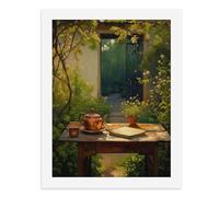 Dipingi con i numeri, una scena da giardino accogliente con una teiera e un libro e una pianta in vaso su un tavolo di legno, kit per pittura digitale per adulti, crea la tua scena magica forniture