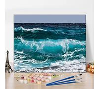 Dipinta a mano, pittura a olio, astratta, onde oceaniche blu per adulti, pittura con numeri, per principianti, per soggiorno, camera da letto, decorazione per la casa, 16 x 20 pollici