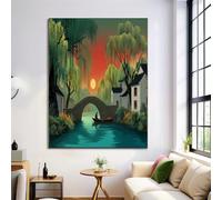 Dipinti su Tela Case Sul Ponte Di Pietra, Poster di Architettura Cinese, Stampe su Tela in Blu-verde, Arte da Parete, Immagini per l'arredamento del Soggiorno, Senza Cornice, 60x90cm