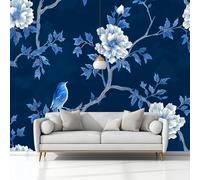 Dipinto A Inchiostro Motivo Floreale Uccello Carta da Parati In Tessuti non Tessuti 350 x 256 cm Murali, Blu Scuro Fotomurale Murale, Soggiorno Camera da Letto Cameretta Dei Bambini Decorazione