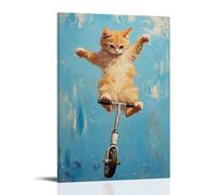 Dipinto a olio con animale, gatto che si muove a mezz'aria su uno scooter, pennellata espressiva, sfondo blu minimalista, decorazione artistica da parete, decorazione moderna da appendere, 60 x 90 cm