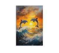 Dipinto a olio con animali - Delfini graziosi al tramonto - Creature marine giocose che saltano tra le onde in calde tonalità dell'oceano arte contemporanea da appendere - Decorazione murale design 30