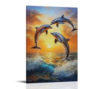 Dipinto a olio con animali - Delfini graziosi al tramonto - Creature marine giocose che saltano tra le onde in calde tonalità dell'oceano arte contemporanea da appendere - Decorazione murale design 30