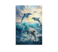Dipinto a olio con animali - Delfini in gioco - Una vivace scena subacquea di delfini che saltano attraverso onde turchesi sotto la luce del sole screziata arte contemporanea da appendere - murale