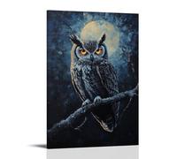 Dipinto a olio con animali, gufo mistico, un vecchio gufo saggio appollaiato su un ramo illuminato dalla luna, con occhi luminosi e dettagli di piume intricati in tonalità scure arte da appendere