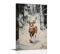 Dipinto a olio con animali - Un cervo che attraversa boschi ghiacciati, ombre profonde e sfocatura movimento, sfondo bianco invernale pulito da parete, decorazione moderna da appendere, poster