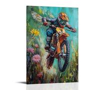 Dipinto a olio con animali: una libellula in motocross che accelera attraverso i fiori, arte a olio fantasy, sfondo verde primavera piatta, decorazione artistica da parete, decorazione moderna da
