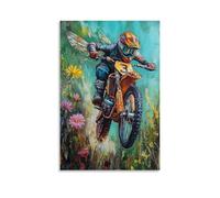 Dipinto a olio con animali: una libellula in motocross che accelera attraverso i fiori, arte a olio fantasy, sfondo verde primavera piatta, decorazione artistica da parete, decorazione moderna, poster