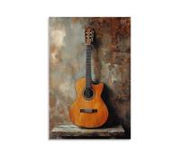 Dipinto a olio con strumenti musicali, chitarra classica appoggiata a una parete rustica, toni caldi della terra che si fondono con i dettagli delle venature del legno, arte contemporanea da appendere
