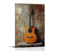 Dipinto a olio con strumenti musicali, chitarra classica appoggiata a una parete rustica, toni caldi della terra che si fondono con i dettagli delle venature del legno, arte contemporanea da appendere
