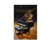 Dipinto a olio con strumenti musicali, pianoforte a coda in una sala da concerto vuota, chiaroscuro drammatico che evidenzia le sue curve lucide, arte contemporanea da appendere alla parete, design
