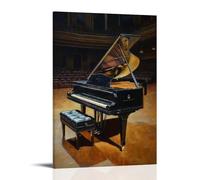 Dipinto a olio con strumenti musicali, pianoforte a coda in una sala da concerto vuota, chiaroscuro drammatico che evidenzia le sue curve lucide, arte contemporanea da appendere alla parete, design