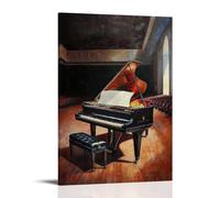 Dipinto a olio con strumenti musicali, pianoforte a coda in una sala da concerto vuota, ombre drammatiche e toni caldi del legno che catturano la sua eleganza contemporanea, decorazione murale design