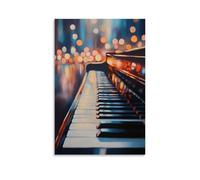 Dipinto a olio con strumenti musicali, tasti del pianoforte a coda luccicanti sotto una luce soffusa, con riflessi sfocati nella sala da concerto sullo sfondo, arte da appendere alla parete, design