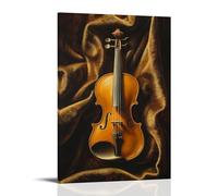 Dipinto a olio con strumenti musicali, un violino classico appoggiato su velluto con calda illuminazione dorata che evidenzia le sue curve, arte da parete contemporanea, decorazione murale, 50 x 75 cm