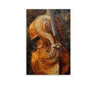 Dipinto a olio con violoncelli e lamento, la ricca venatura del legno di un violoncello si fonde in vorticosi toni autunnali, corde vibranti con energia da parete, decorazione moderna da appendere