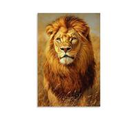 Dipinto ad olio con animale, leone maestoso nella savana dorata, un regale ritratto della natura, re con criniera illuminata dal sole e sguardo penetrante, arte contemporanea da appendere alla parete