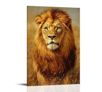 Dipinto ad olio con animale, leone maestoso nella savana dorata, un regale ritratto della natura, re con criniera illuminata dal sole e sguardo penetrante, arte contemporanea da appendere alla parete